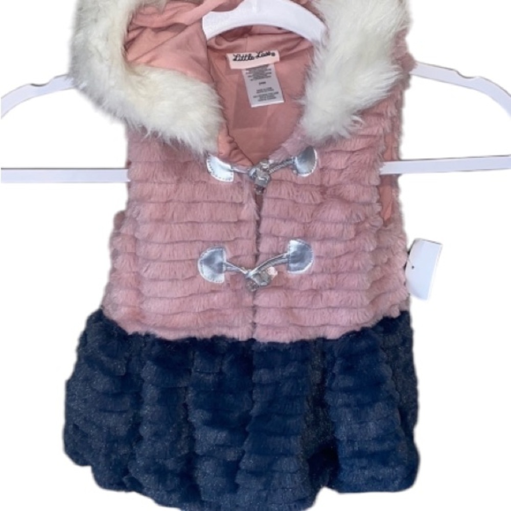 Vest baby Faux fur hooded sparkly gray pink lined warm NEW 24 months old girl